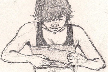 A pencil sketch of a trans man binding his chest