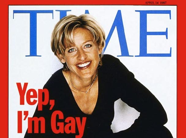 Ellen Degeneres appears on the cover of Time magazine with the caption, "Yep, I'm Gay"