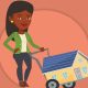 African woman pushing a shopping trolley with a house. Young woman buying house. Woman using shopping trolley to transport a house. Vector flat design illustration in the circle isolated on background