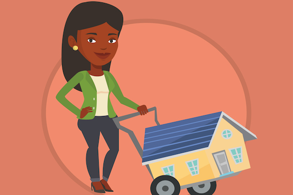 African woman pushing a shopping trolley with a house. Young woman buying house. Woman using shopping trolley to transport a house. Vector flat design illustration in the circle isolated on background