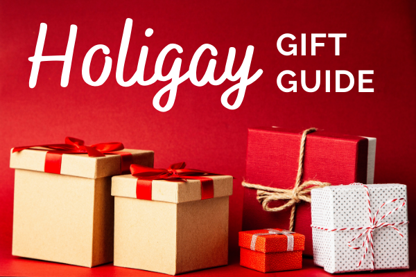 Five presents in front of a red background with text that says Holigay gift guide