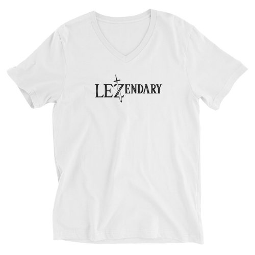 A white unisex t-shirt with the the word Lezendary written in the style of the Legend of Zelda logo
