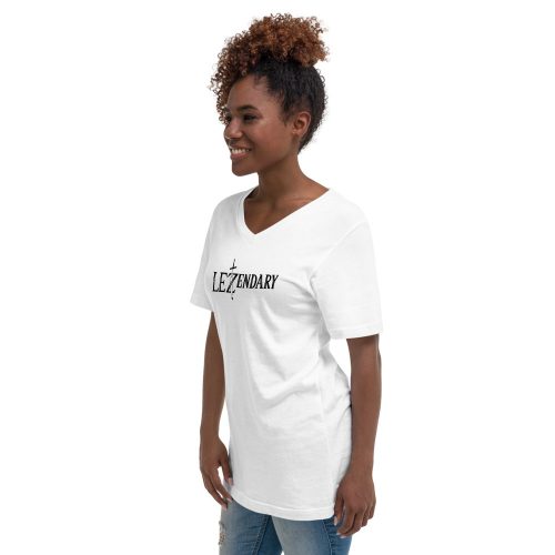 A female model wearing a white fitted v-neck t-shirt that says Lezendary written in the style of the Legend of Zelda logo