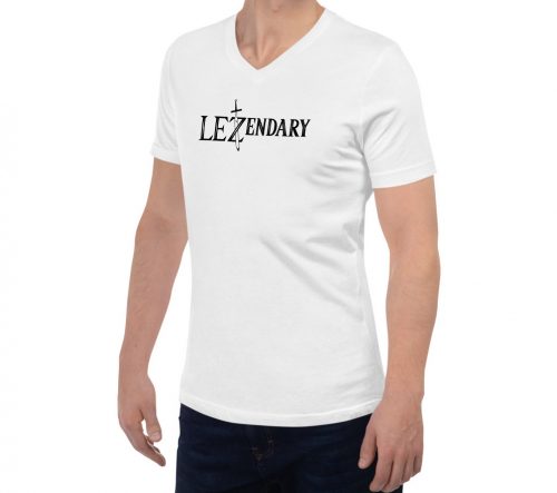 A model wearing a white unisex v-neck t-shirt with the the word Lezendary written in the style of the Legend of Zelda logo