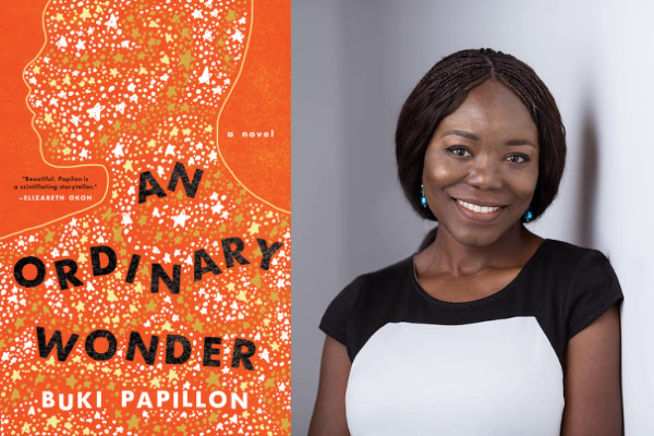 The cover of the novel An Ordinary Wonder next to a head shot of its author, Buki Papillon