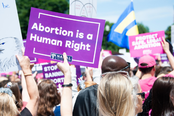 Abortion is a human right purple sign at a protest
