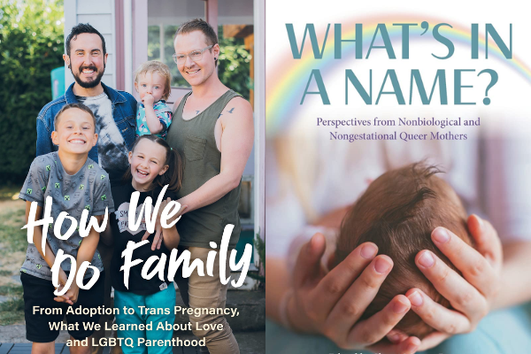 Covers of How We Do Family by Trystan Reese and What’s in a Name? edited by Sherri Martin-Baron, Raechel Johns, and Emily Regan Wills