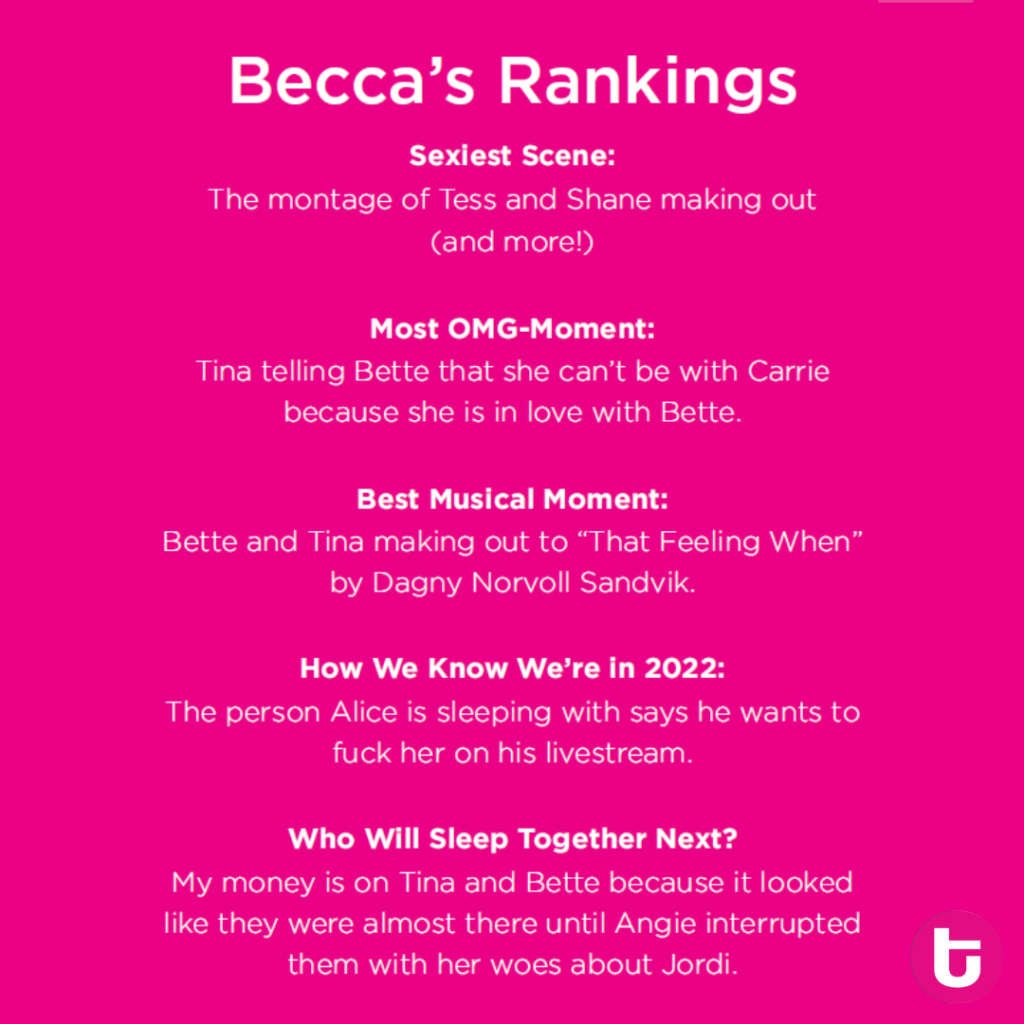 pink background with becca's rankings of episode 1 best moments