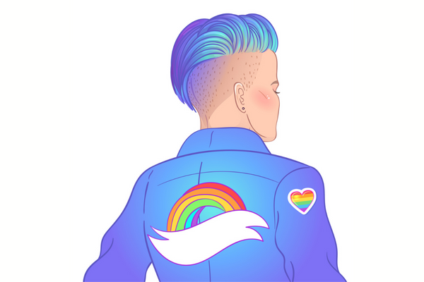 blue haired lesbian in a denim jacket drawing