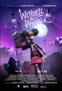 An animated young Black girl is walking cavalierly through a graveyard with a stereo on her shoulder. She's wearing punk clothes. The center of the speaker is an eyeball. In the purple background, two scary men look on next to a full moon.