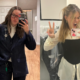 A split screen image of Bella Ramsey taking a selfie in a suit on the left and Maisy Stella taking a selfie in a dressing room on the right.