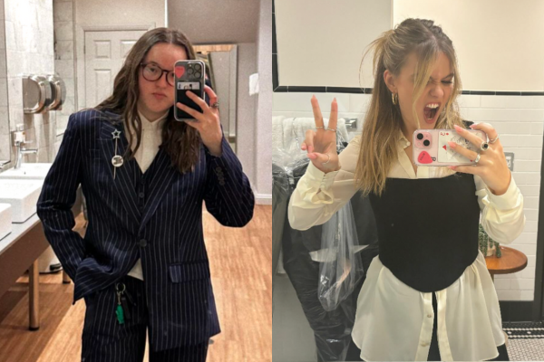 A split screen image of Bella Ramsey taking a selfie in a suit on the left and Maisy Stella taking a selfie in a dressing room on the right.