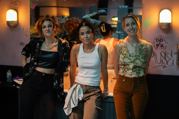 From left, Actors Caroline Klidonas, Nicole Daniels, and Ann Marie Wilding pose in a bathroom for the Stalling set.