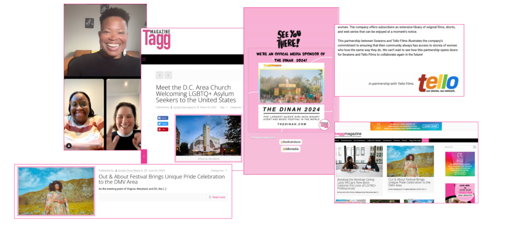 A collage of screenshots that show different ways to advertise with Tagg Magazine—banner ads, box ads, Instagram stories, Instagram live, and branded content.