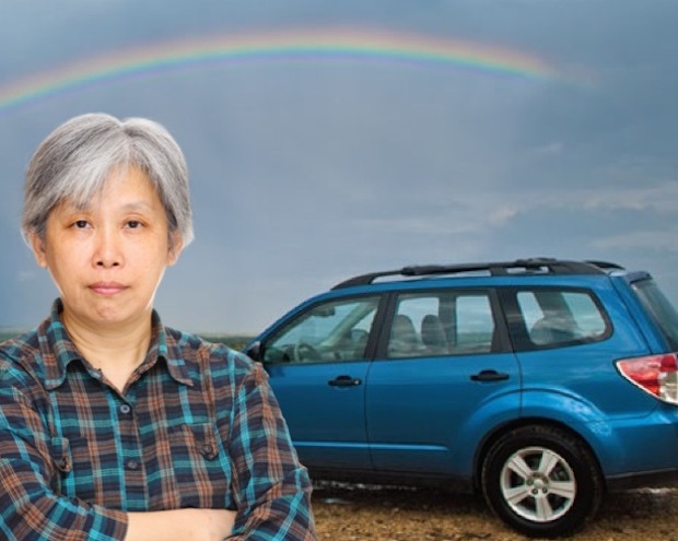 Lesbian with subaru and rainbow above